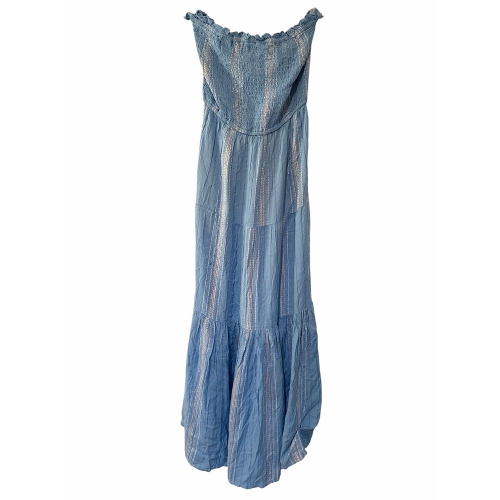 Anthropologie Elan Strapless Smocked Maxi Dress Blue Stripe Boho - Large
